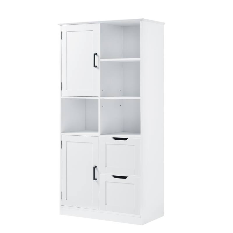 Freestanding Style Versatile White Storage Cabinets with 2 Drawers, 2 Cabinets, 4 Open Shelves and Adjustable Shelf