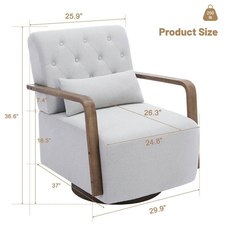 Solid Wood Swivel Accent Chair with Armrests and Lumbar Pillow - 360° Rotation