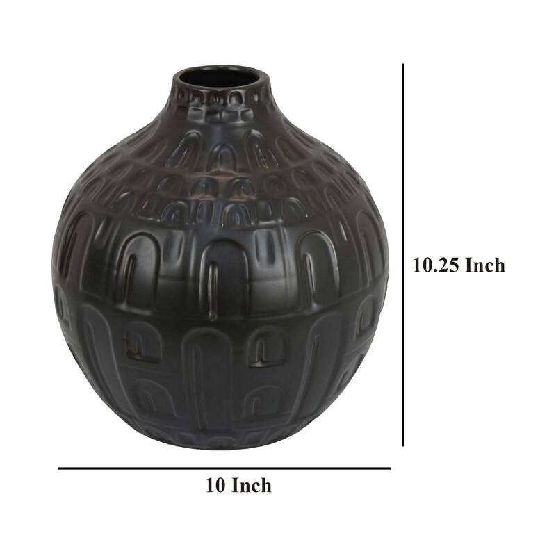 Sheena Vase, Black Ceramic, Narrow Mouth and Embossed Pattern, 10 Inch