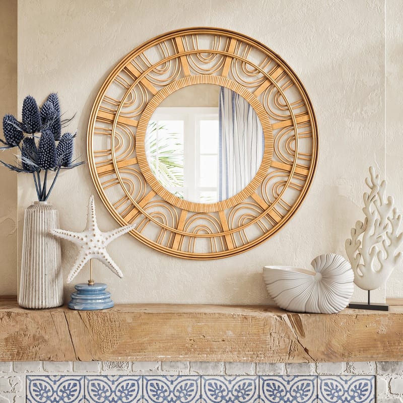 Zen Radiance Round Rattan Boho Wall Mirror - 27.5"H x 27.5"W x 0.75"D