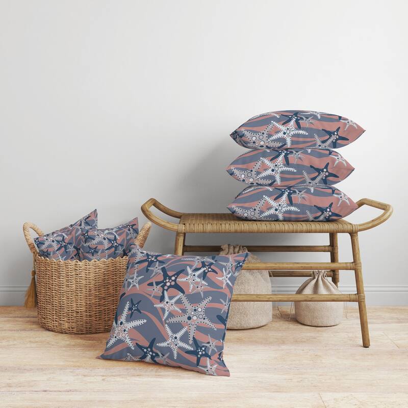 Starfish Sway Faux Suede Reversible Throw Pillow Blue and Rosy