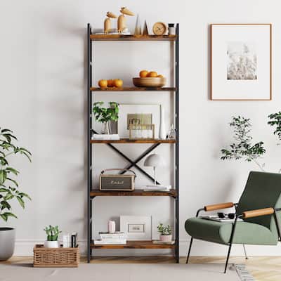 Futzca 5 Tier Storage Bookshelf, Rustic Wood ,Metal Frame,Open Tall Bookcase