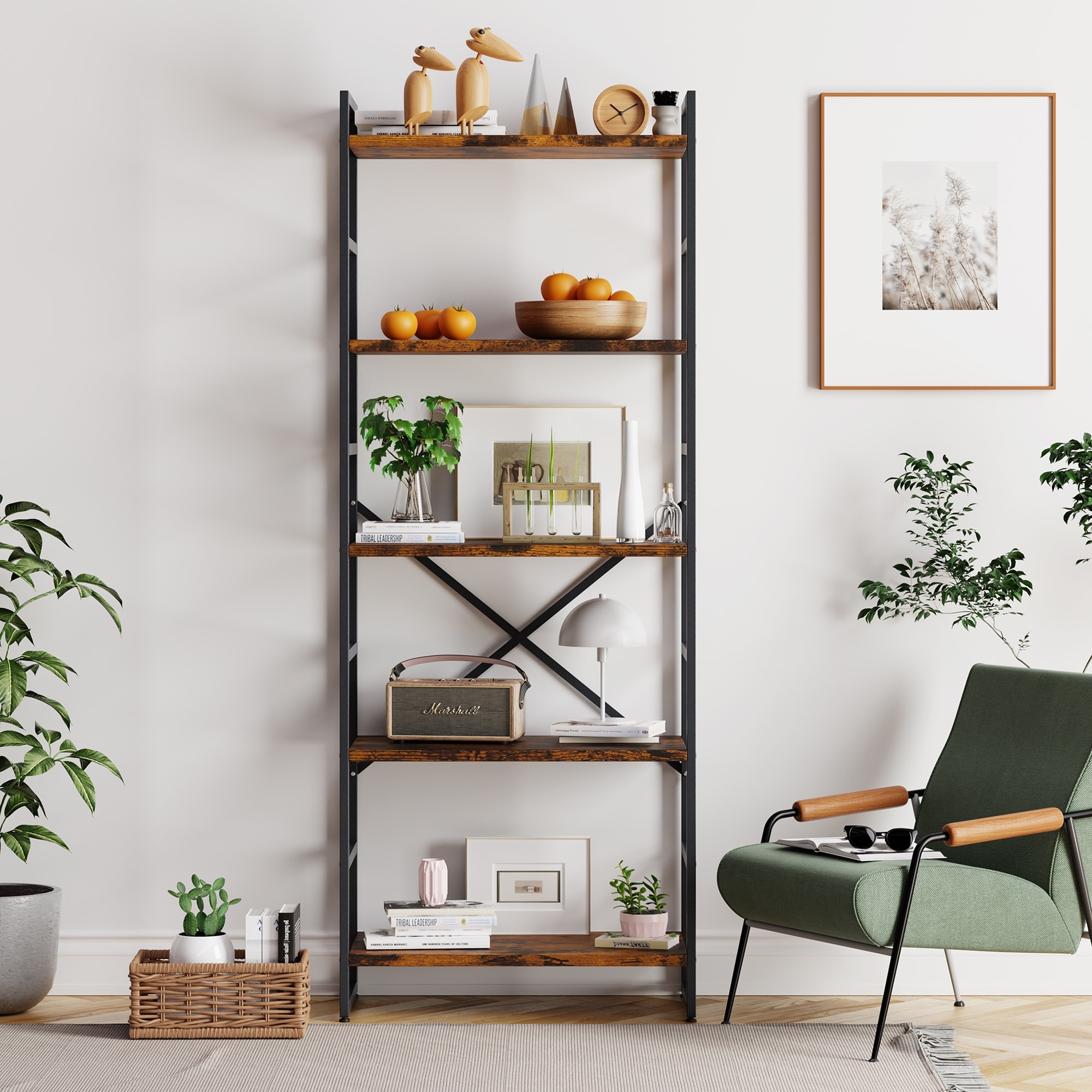 Homfa bookshelf rack 5 tier vintage bookcase shelf storage top organizer modern wood look accent metal frame furniture home office