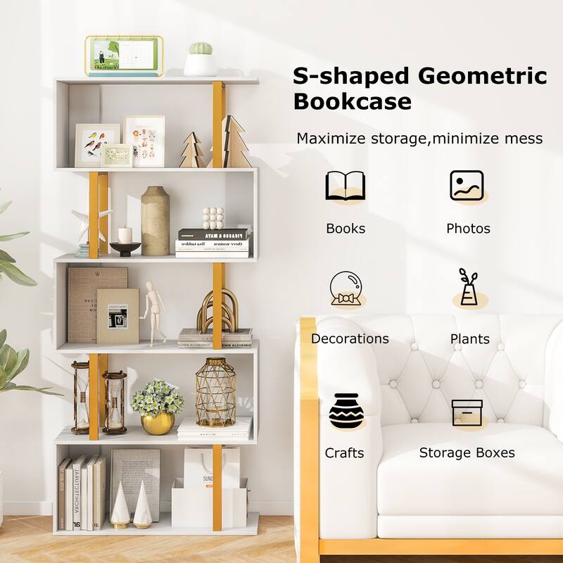 Gymax 2 PCS 5-Tier Geometric Bookcase 62-Inch S-Shaped Bookshelf w/
