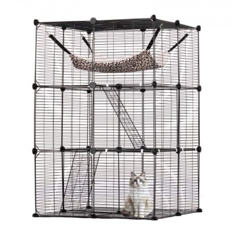 Black 2-Tier Cat Cage with 3 Doors Steel Wire Ramp, Spacious & Sturdy - L28 x W28 x H41 in