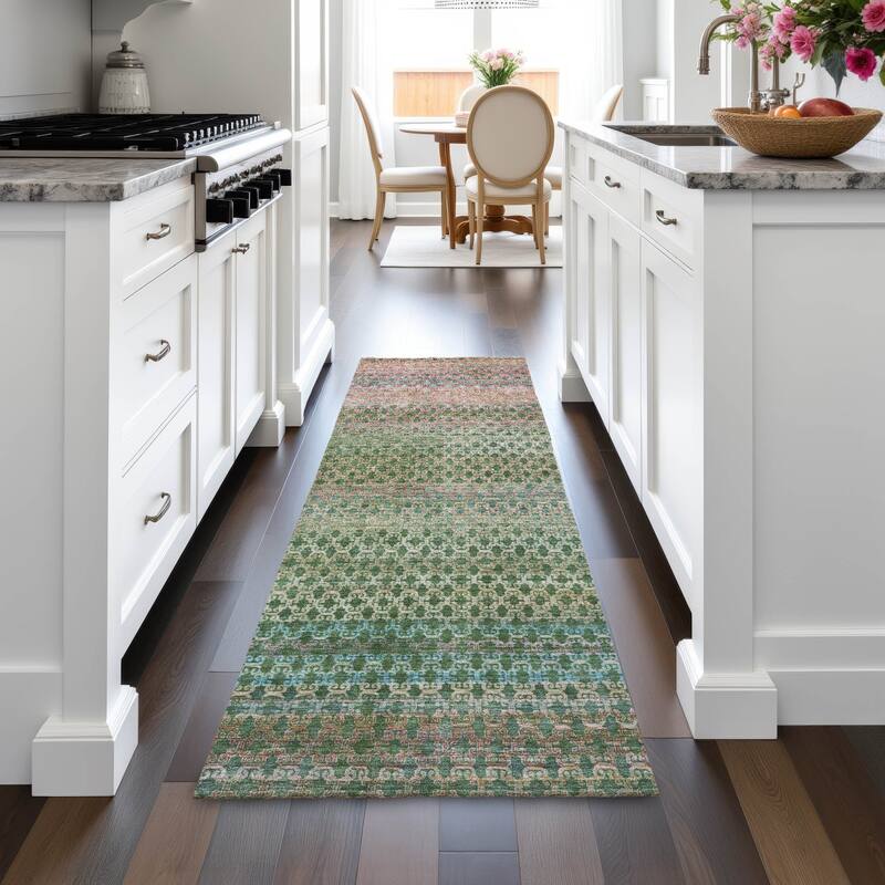 Machine Washable Indoor/Outdoor Stripe Medallions Chantille Rug