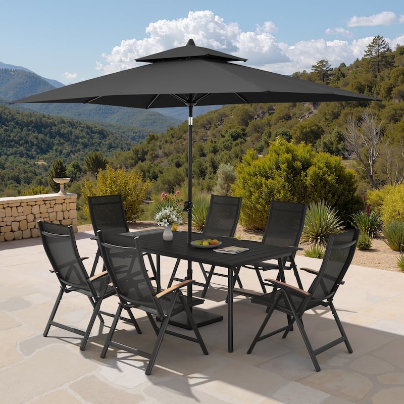 9PC Outdoor Patio Dining Set Aluminum Table with Folding Armchairs w/ Market Umbrella Sets - BlackTable&BlackChairs&BlackUmbrella