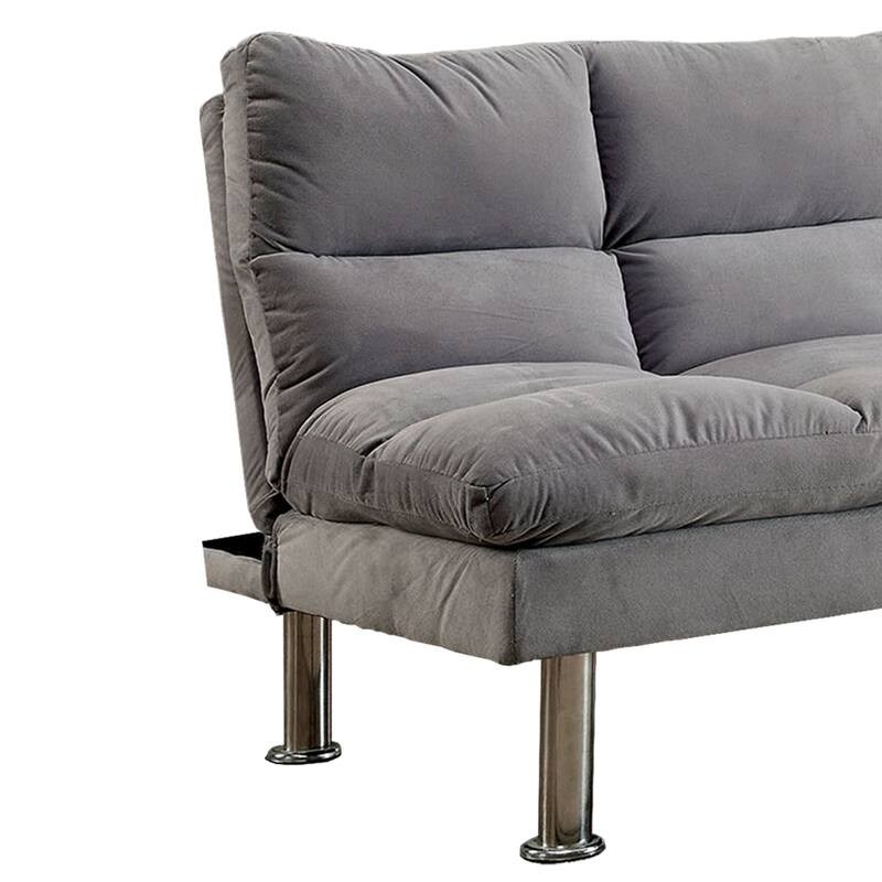 Fabric Upholstered Futon Sofa with Metal Base, Gray and Silver