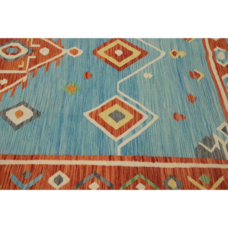 Hand Woven Oriental 100% Wool Carpet Southwestern Tribal Navy Blue & Blues Kilim Area Rug - 9' 6'' X 6' 6''
