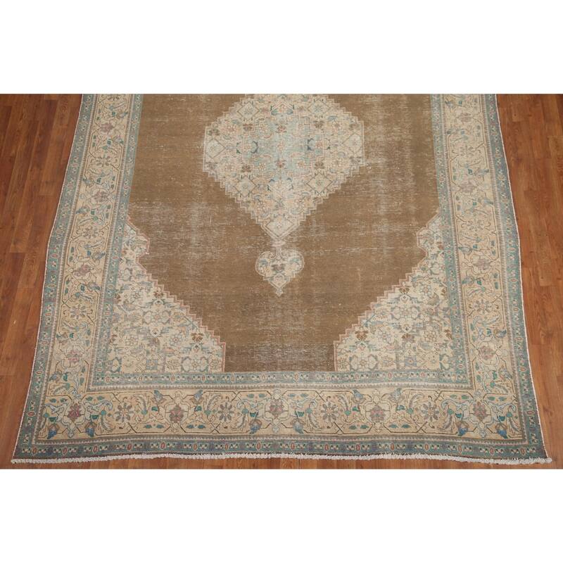 Hand Knotted Oriental 100% Wool Carpet Traditional Medallion Brown Tabriz Area Rug - 10' 11'' X 7' 9''
