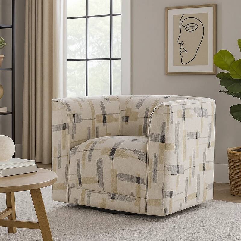 Lenu Swivel Accent Sofa Chair, Beige Pattern Fabric, Boxy Padded Seat