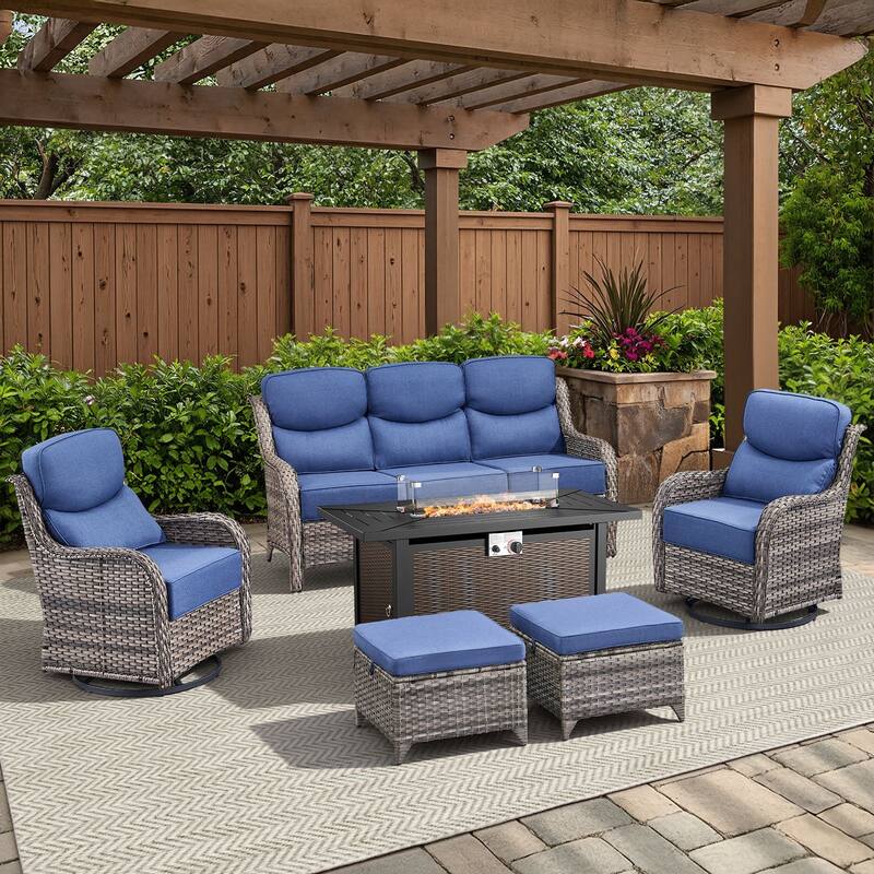Arcadia 6-Piece PE Wicker Patio Seating Set with Durable All-Iron Fire Pit and 6-Inch Cushions - Navy Blue Cushions - Gray Wicker