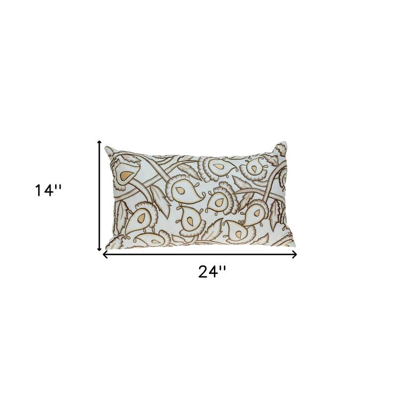14" X 24" Brown and White Cotton Lumbar Throw Pillow with Embroidery
