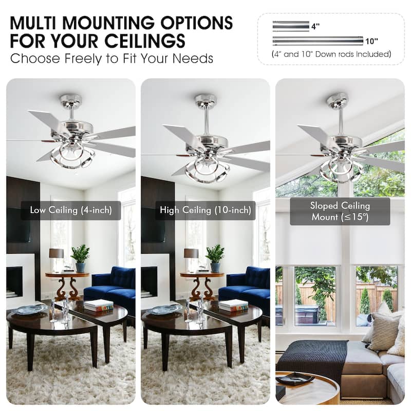 52" Modern Chrome/ Black Indoor Dimmable LED Ceiling Fan with Light and Remote