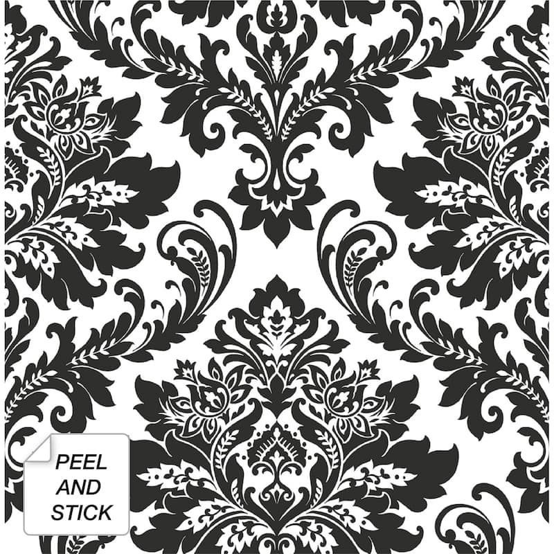 NextWall Black Damask Peel and Stick Removable Wallpaper - 20.5 in. W x 18 ft. L - 20.5 in. W x 18 ft. L - Black & White