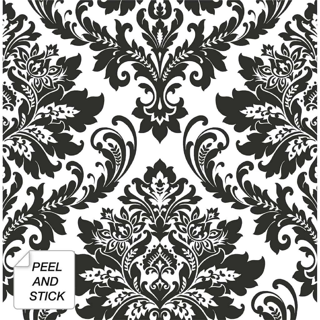 NextWall Black Damask Peel and Stick Removable Wallpaper - 20.5 in. W x 18 ft. L