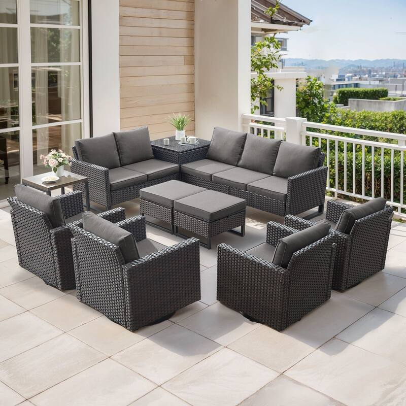 Gymojoy 9 Person Outdoor Patio Wicker Family Conversation Set Group With Swivel Chairs And Storage