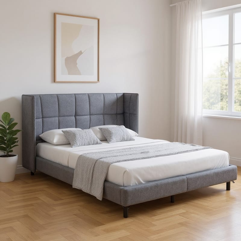 HomeRoots Gray Tufted Upholstered Queen Bed Frame With LED Lighting And USB - Queen