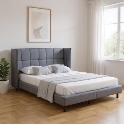 HomeRoots Gray Tufted Upholstered Queen Bed Frame With LED Lighting And USB