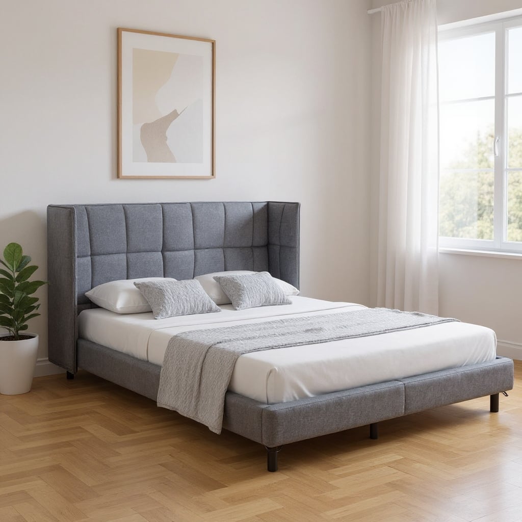 HomeRoots Gray Tufted Upholstered Queen Bed Frame With LED Lighting And USB