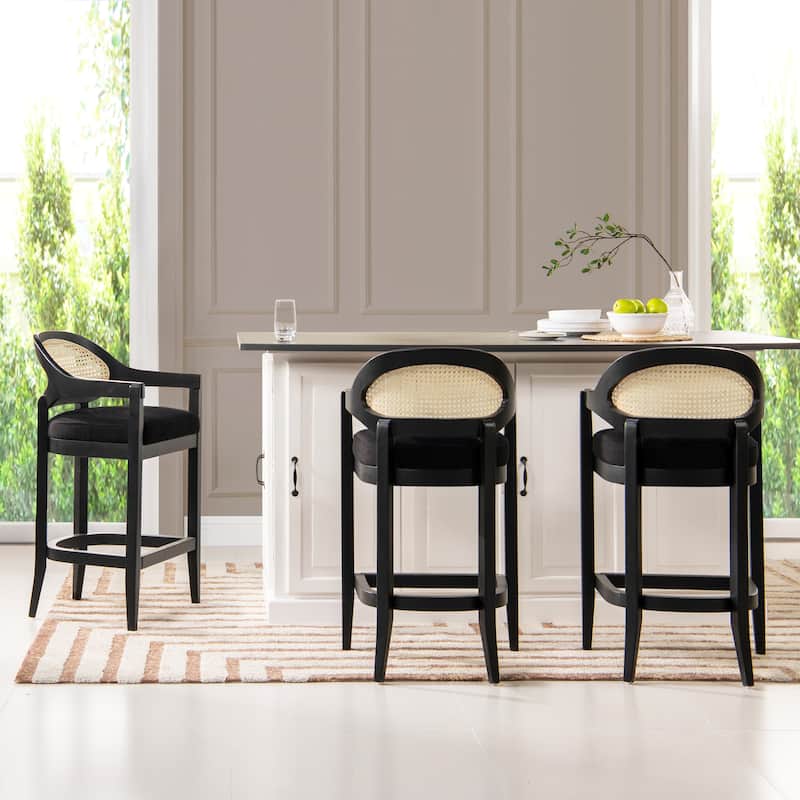 Americana Mid-Century Modern Rattan Cane Back Counter and Bar Stool - Set of 3 - Jet Black Polyester - Counter Height