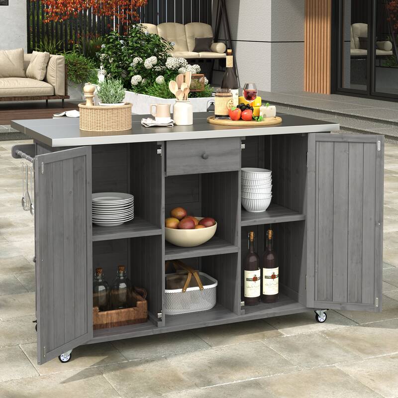 Outdoor Kitchen Island Fir Wood Kitchen Island with Stainless Steel Top, Ample Storage Space