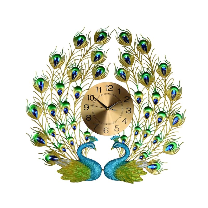 HomeRoots 25" Blue Green And Gold Metal Silent Analog Peacock Novelty Wall Clock - 25.00 in. x 26.00 in. x 2.00 in.