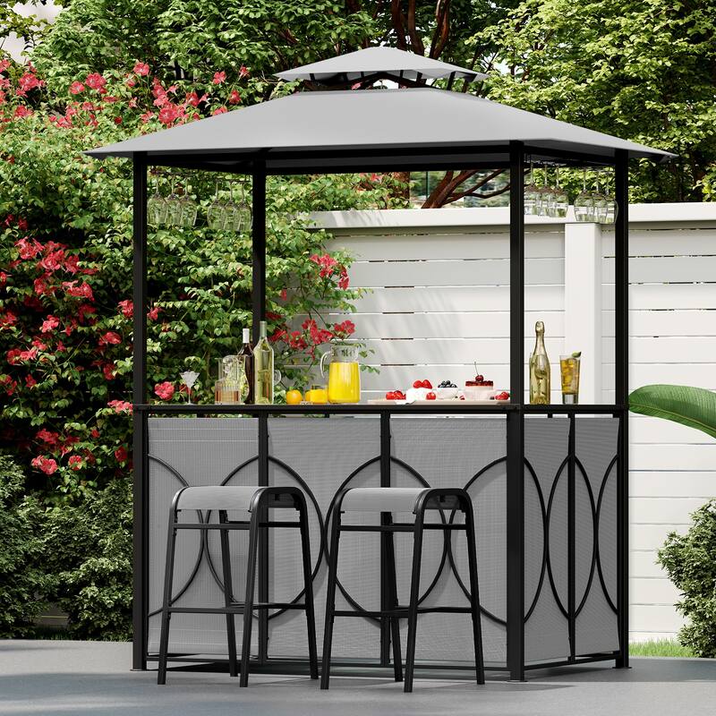 6.5 x 4 x 8 FT Grill Gazebo Set with 2 Bar Stools and Bar Table-Brown