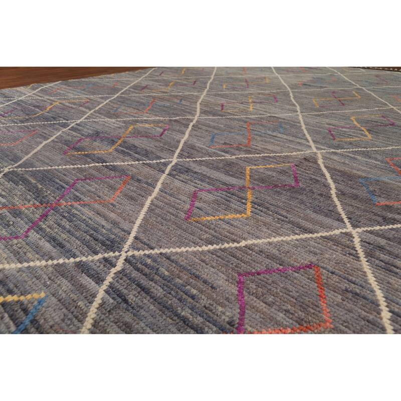 Gray & Blue Trellis Moroccan Area Rug Hand-Knotted Wool Carpet - 8'10"x 12'7"