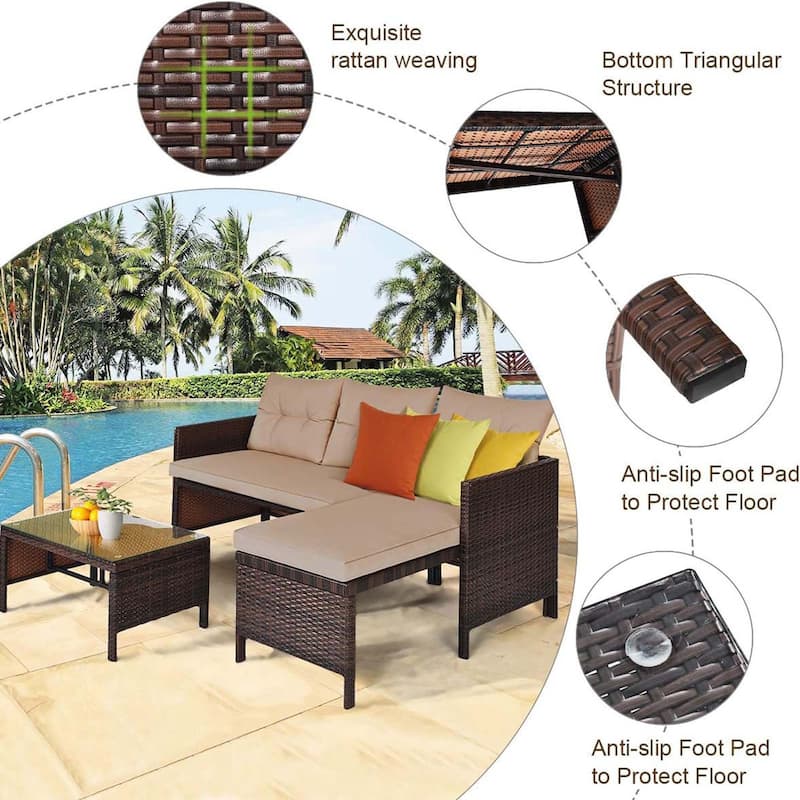 3 Pieces Outdoor Furniture Set Rattan Wicker Sofa Table Garden Patio