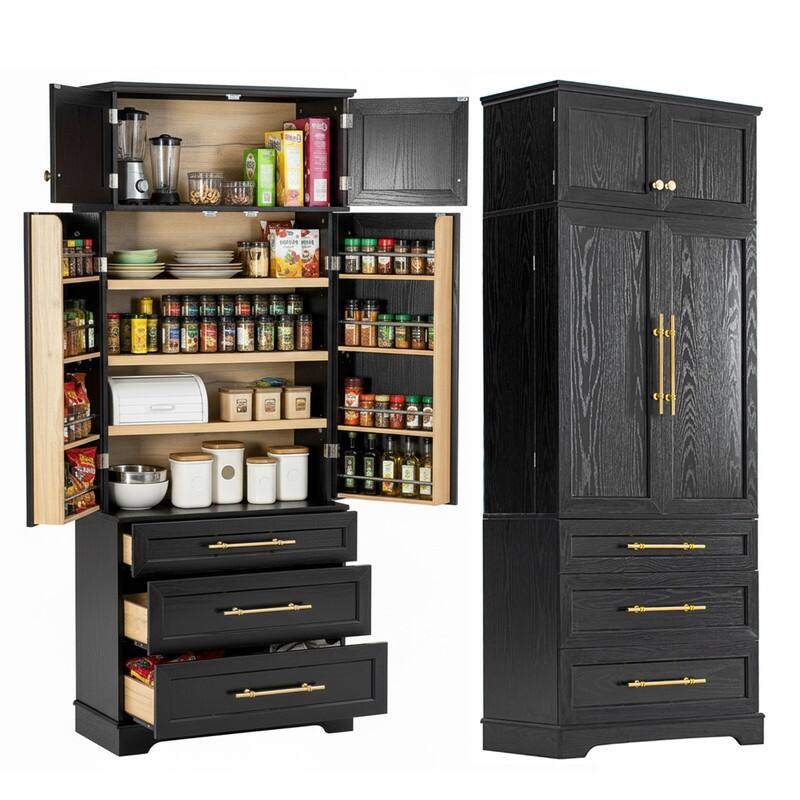 Farmhouse 78.2" Kitchen Pantry Cabinet with 4 Doors, 3 Adjustable Shelves and 3 Drawers
