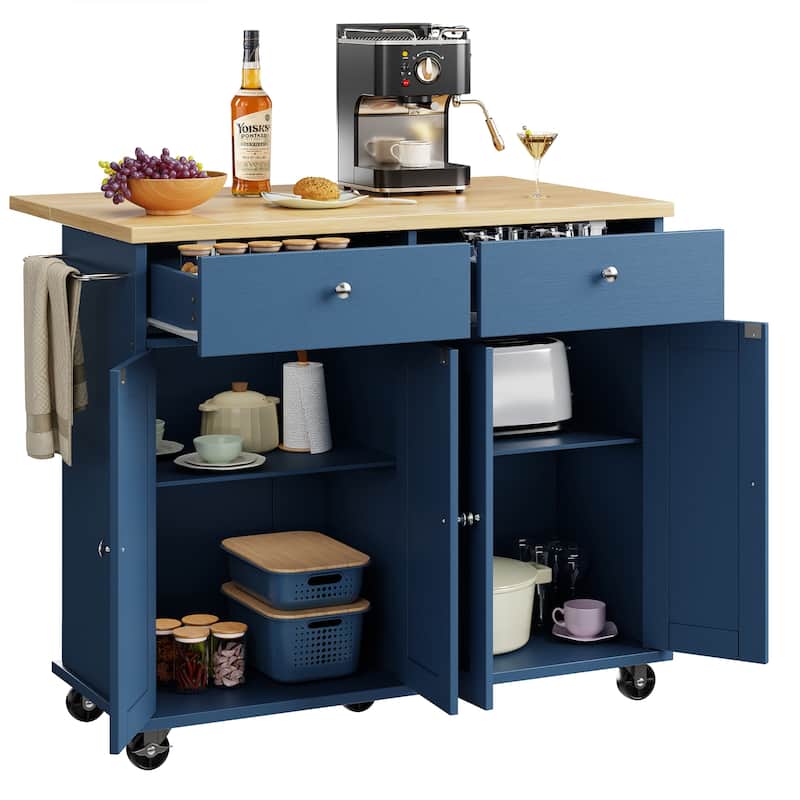 Kitchen Storage Island with 2 Drawers & Extendable Countertop - Rolling Storage Cart with Towel Rail, Lockable Wheels