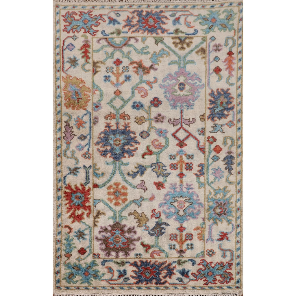 Ivory Floral Oushak Oriental Accent Rug Handmade Wool Carpet - 3'1"x 4'10"