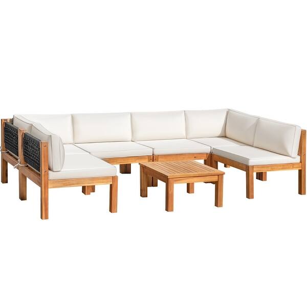 Furniwell Acacia Wood Patio Conversation Set Rope Woven Outdoor Sectional Sofa with Table and Cream Cushions