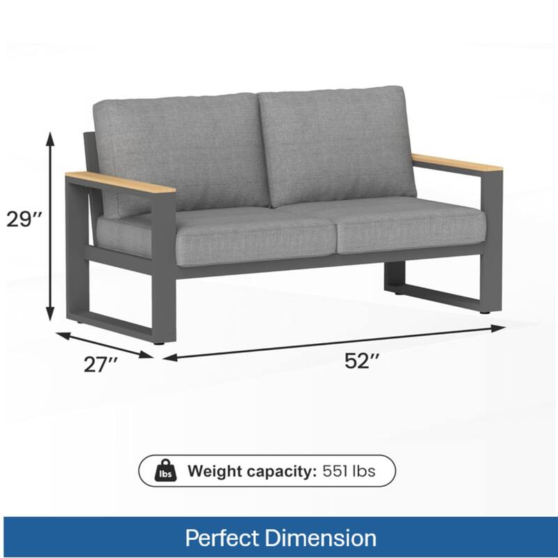 52" Aluminum Patio Loveseat Sofa with Thick Gray Cushions