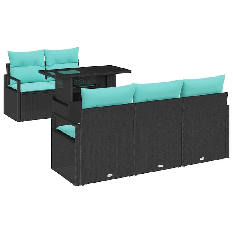 vidaXL 6 Garden Sofa Set with Cushions Black/Brown/Grey Poly Rattan - 68.9 x 24.4 x 27.2