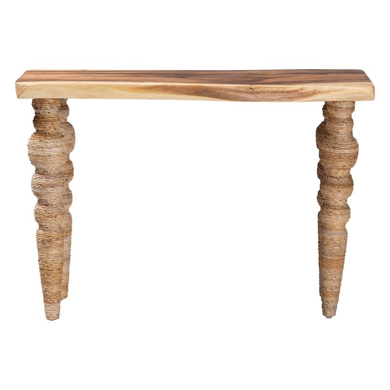 Nasnan Teak Wood Console Table with Seagrass and Bobbin Legs - Sculptural Narrow Entryway Table with Hand-wrapped Turned Legs