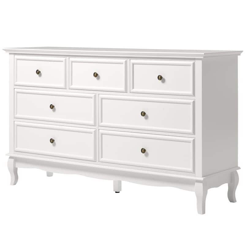 7 Drawer Dresser with Solid Wood Legs - White