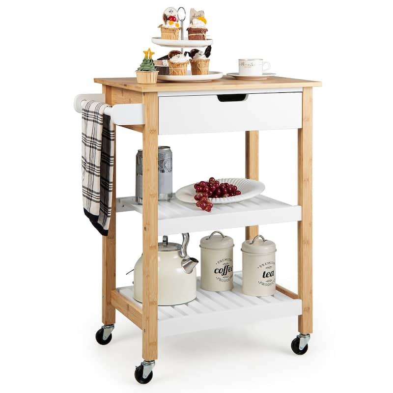 Gymax 3-Tier Kitchen Island Cart Rolling Service Trolley w/ Bamboo Top