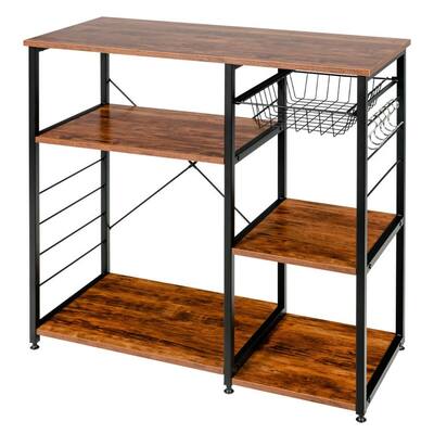 X-shaped Steel Pipe Frame Kitchen Baker's Rack with 6 small hooks, Vintage Wood Microwave and Food Industrial Shelf