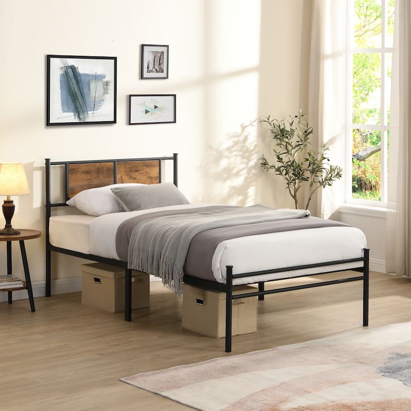 Metal Platform Bed with Wood Headboard, Detachable Steel Slats