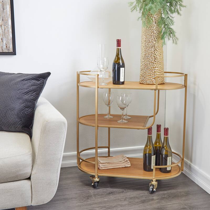 Gold Wood Rolling 3 Shelves Bar Cart with Handles - Gold
