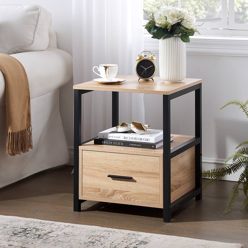 Javlergo Nightstand with Drawer, Bedside Table End Table for Bedroom Dorm Nursery Living Room, Open Storage Shelf
