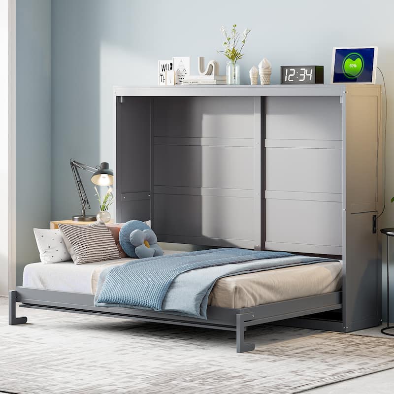Murphy Bed Cabinet Bed with Circular Carving Pattern and Built-in Charging Station for a Multi-use Guest Room, Home Office