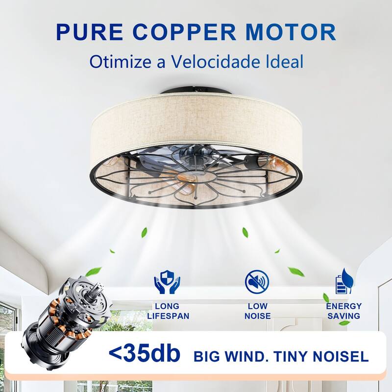 20" Caged Ceiling Fans Flush Mount,Low Profile Fabric Farmhouse Ceiling Fan with Remote Control - N/A