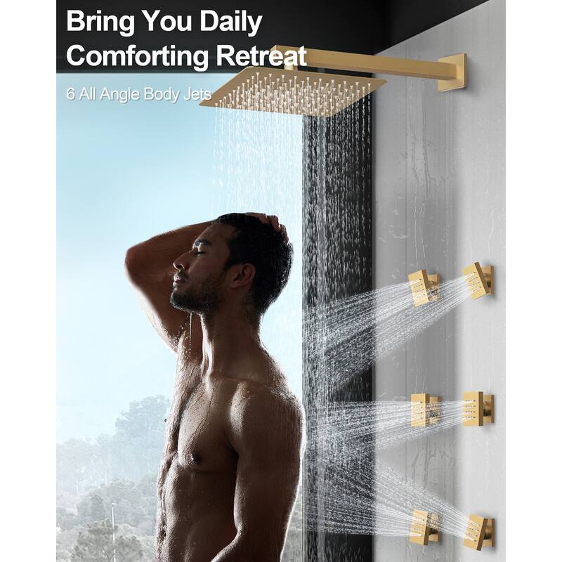 GRANDJOY Thermostatic Shower Faucet Set 12" Wall Mount Rainfall Shower Head Handheld Spray with Slide Bar Body Jets
