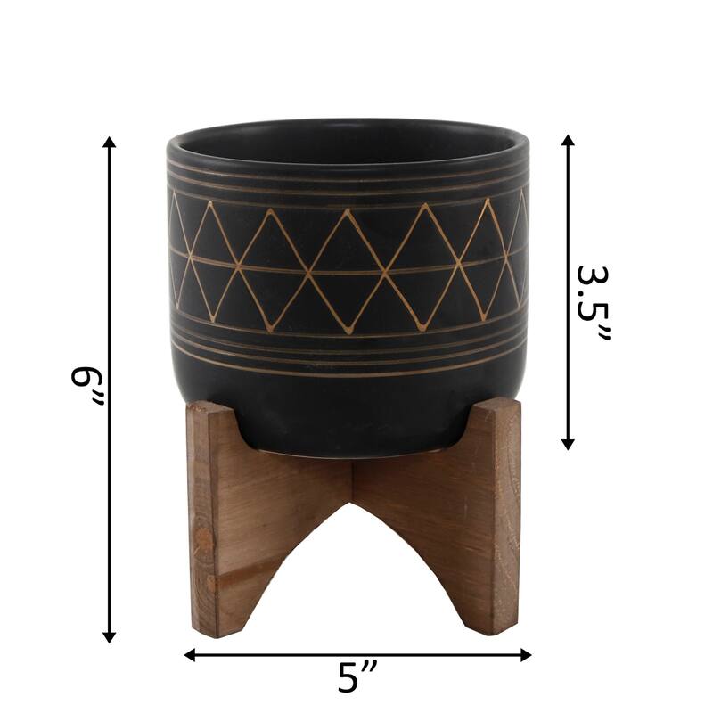 5" Black Gold Ceramic Geometric W/Wood Stand Planter Pot Mid Century