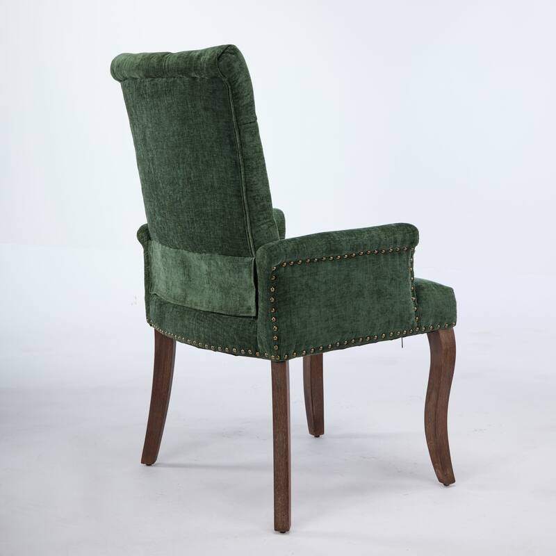 Upholstered Chenille Dining Chairs, Tufted Accent Armchairs with Curved Solid Wood Legs, Dining Room Arm Chair