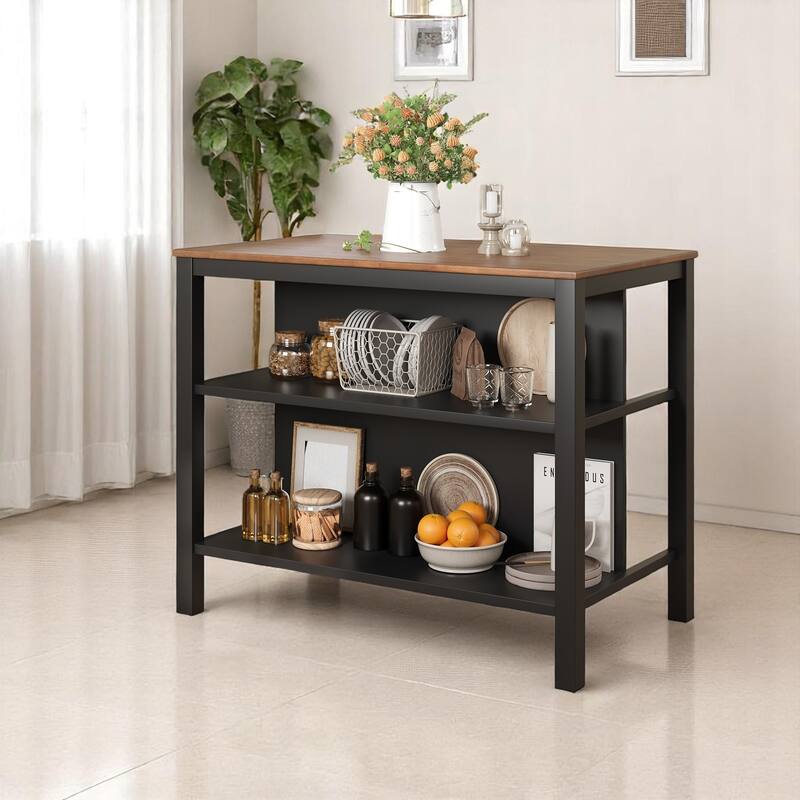 3-Piece Solid Wood 45" Table Set with 2 Stools, Counter Height Dining Set with Open Storage Shelves for Dining Room or Kitchen