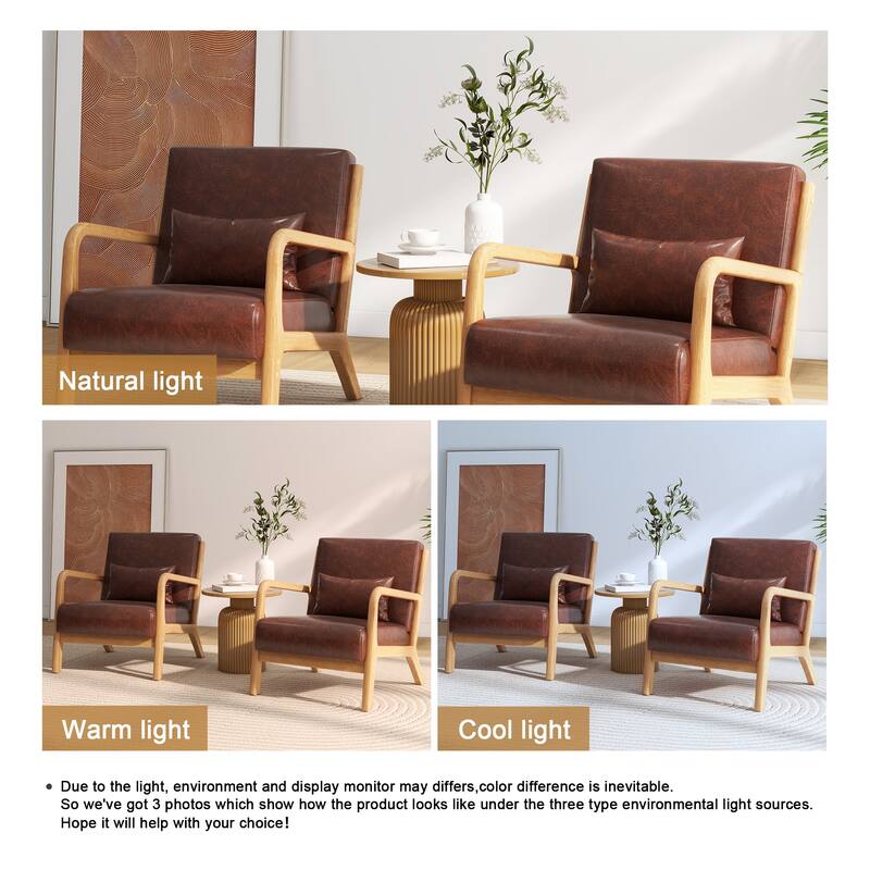 2 Set Mid Century ModernUpholstered Accent Chairs Armchair with Pillow - Natural Wood - Coffee & PU & Side Frame